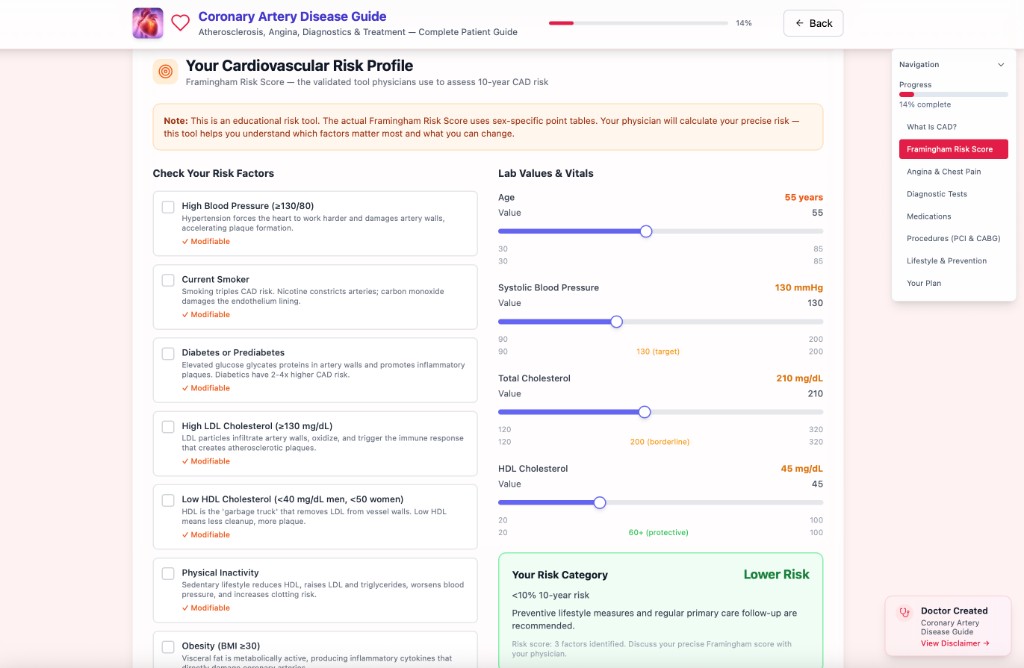 Coronary artery disease (CAD) guide preview in the interactive app
