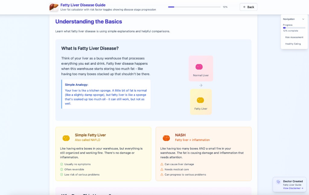 Fatty liver disease education module preview in the interactive app