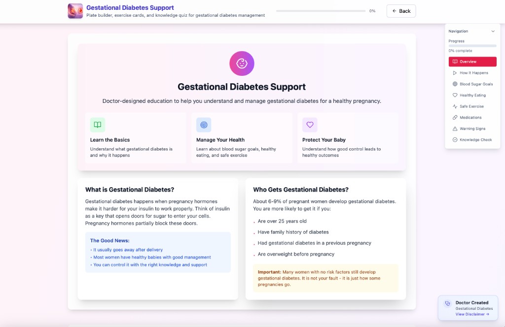 Gestational diabetes support module preview in the interactive app
